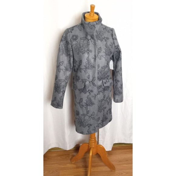 Time and Tru Coat Women Gray Floral Faux Wool Funnel Neck Size Small 4-6 NWT - Picture 2 of 4